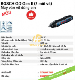 Máy vặn vít Bosch Go Gen 2 (2 mũi vít)